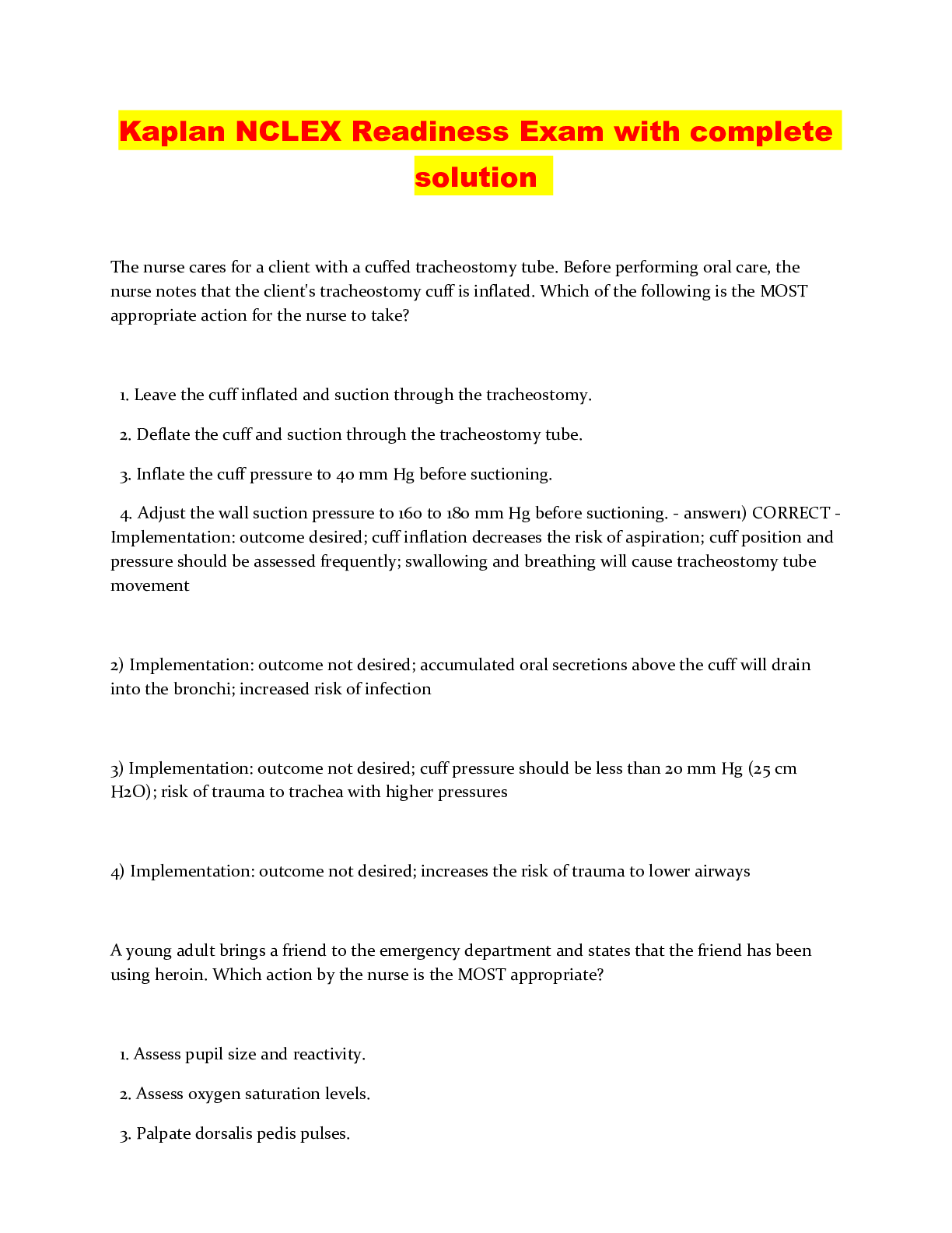 Preview image of Kaplan NCLEX Readiness Exam with complete solution document